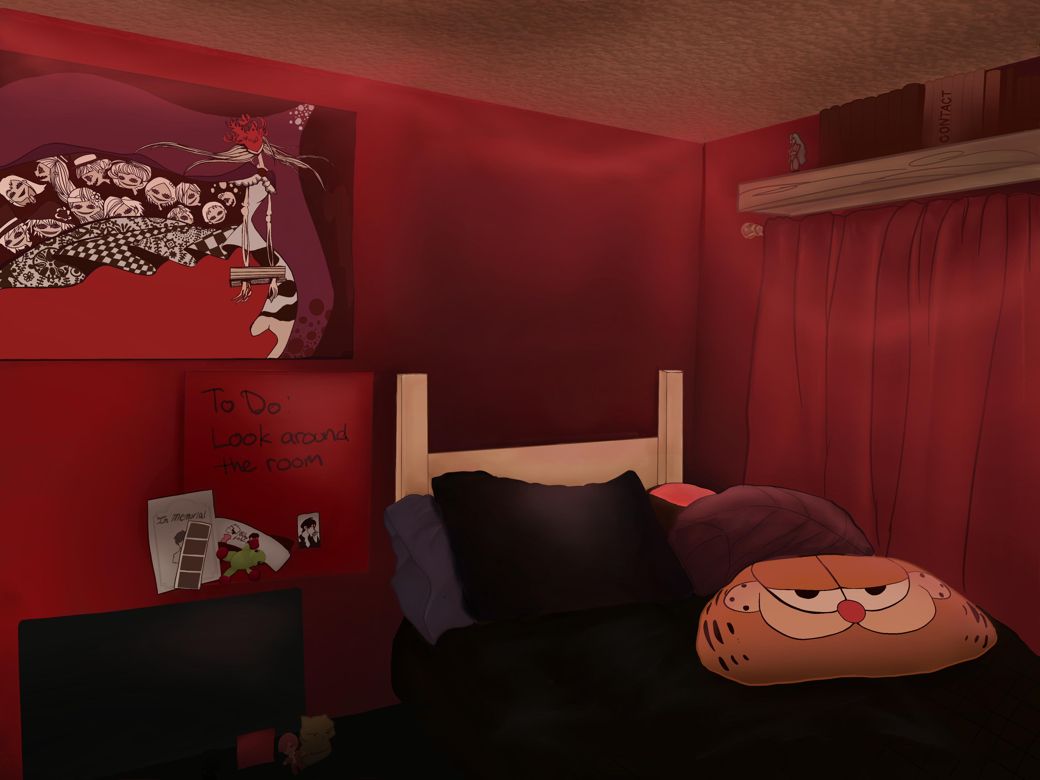 An illustrated bedroom. Hover or tap objects to explore: the desk opens Projects, the bed opens About, and the CONTACT book on the shelf opens Contact.